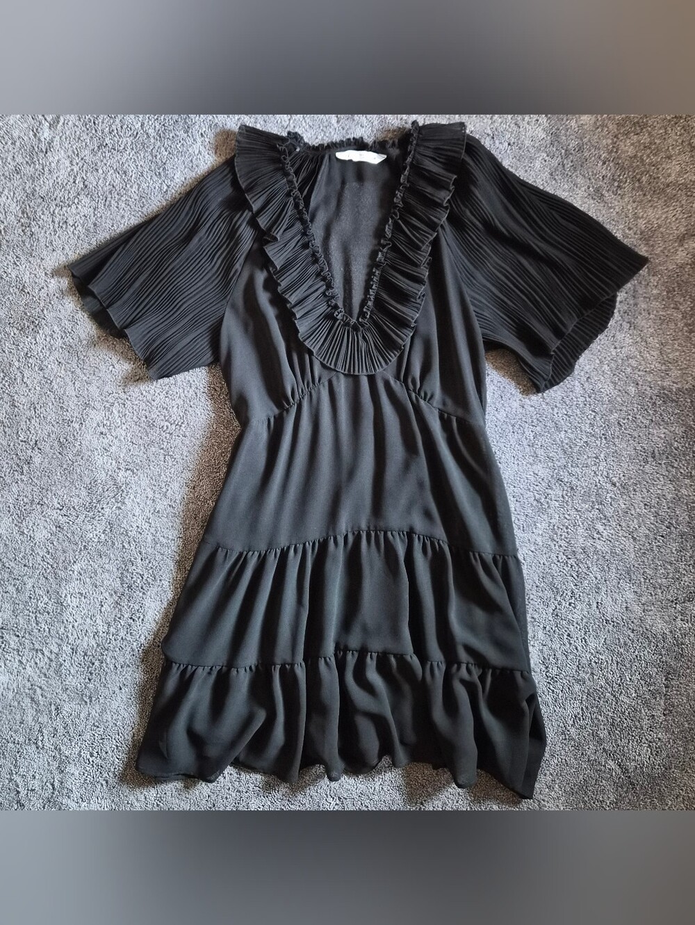 ZARA Top Sheer Ruffle V-Neck Black Mini Dress